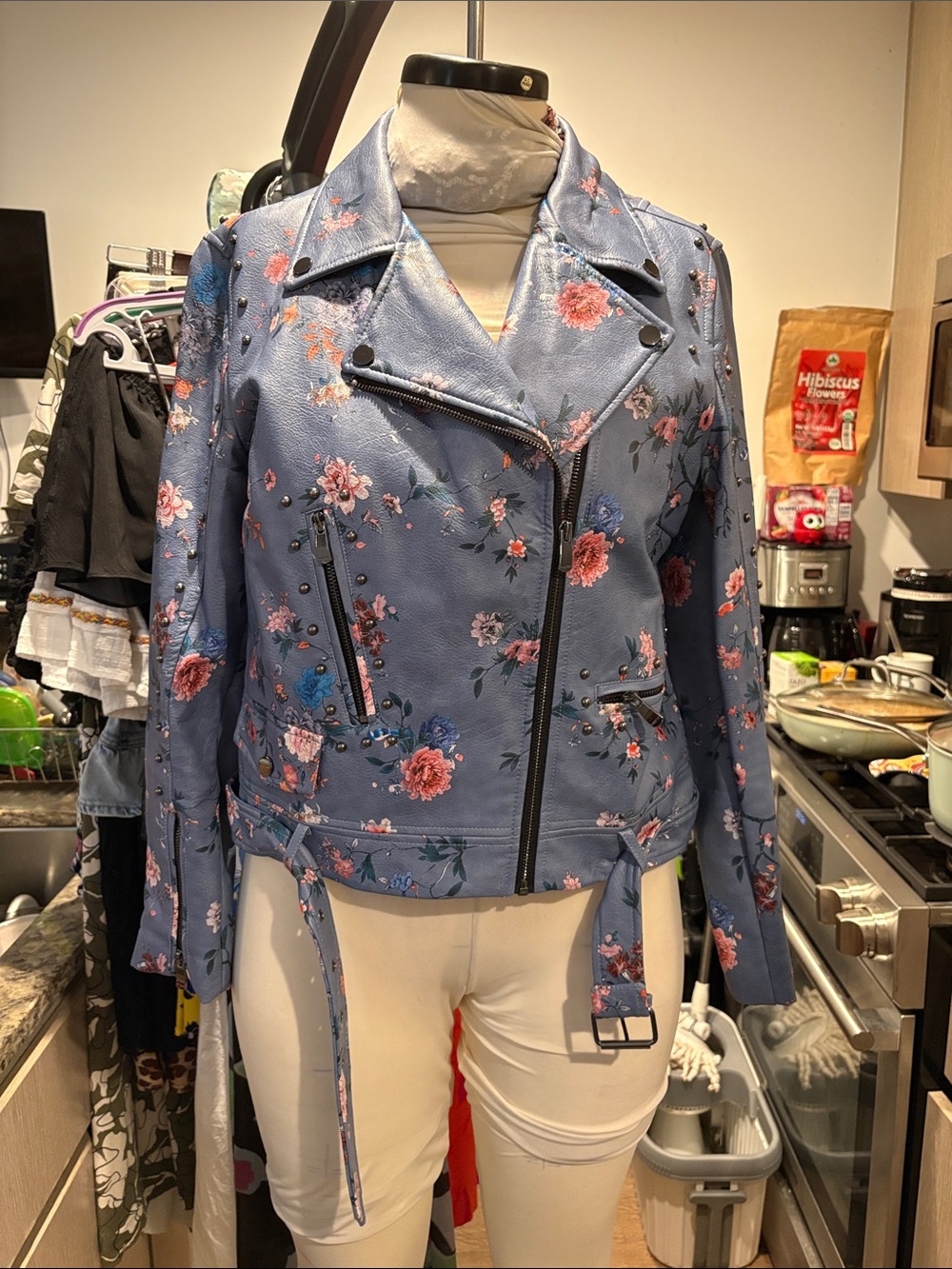 Desigual Blue Floral Faux Leather Moto Jacket - Women
